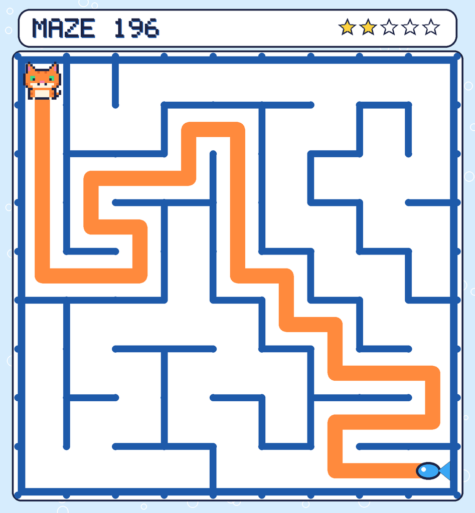 The solved maze 196 with the route drawn as an orange line.