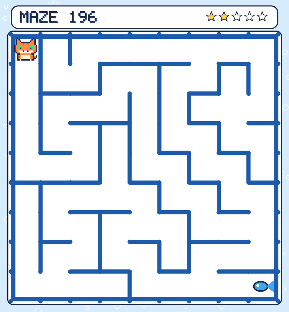 Maze 196. Pixel starts in the top-left corner. The fish is in the bottom-right corner.