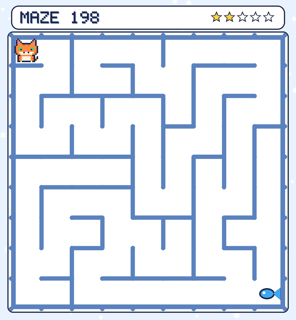 Maze 198. Pixel starts in the top-left corner. The fish is in the bottom-right corner.