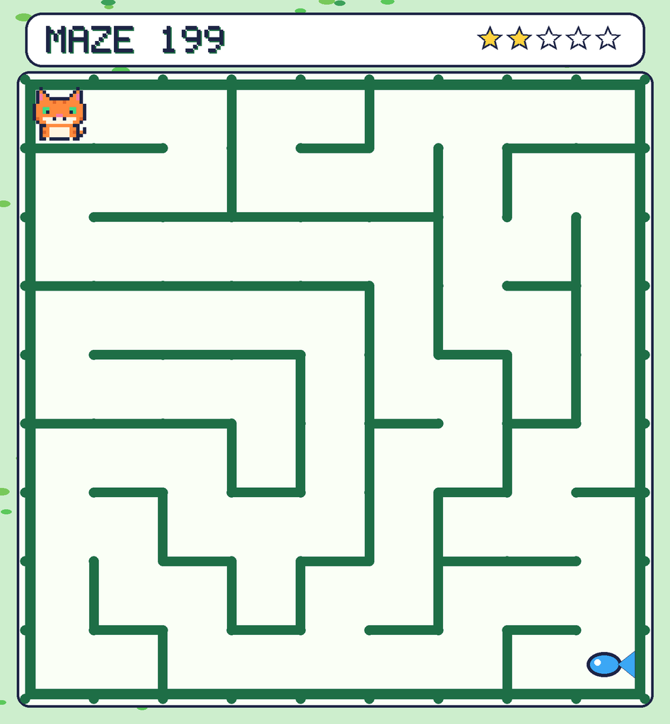 Maze 199. Pixel starts in the top-left corner. The fish is in the bottom-right corner.