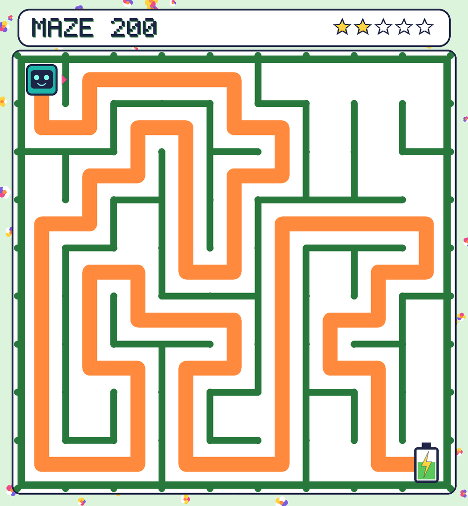 The solved maze 200 with the route drawn as an orange line.