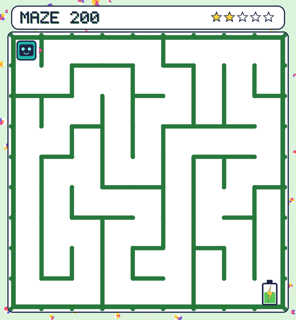 Maze 200. Beep starts in the top-left corner. The battery is in the bottom-right corner.
