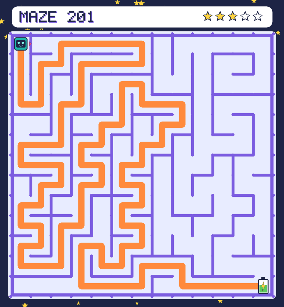 The solved maze 201 with the route drawn as an orange line.