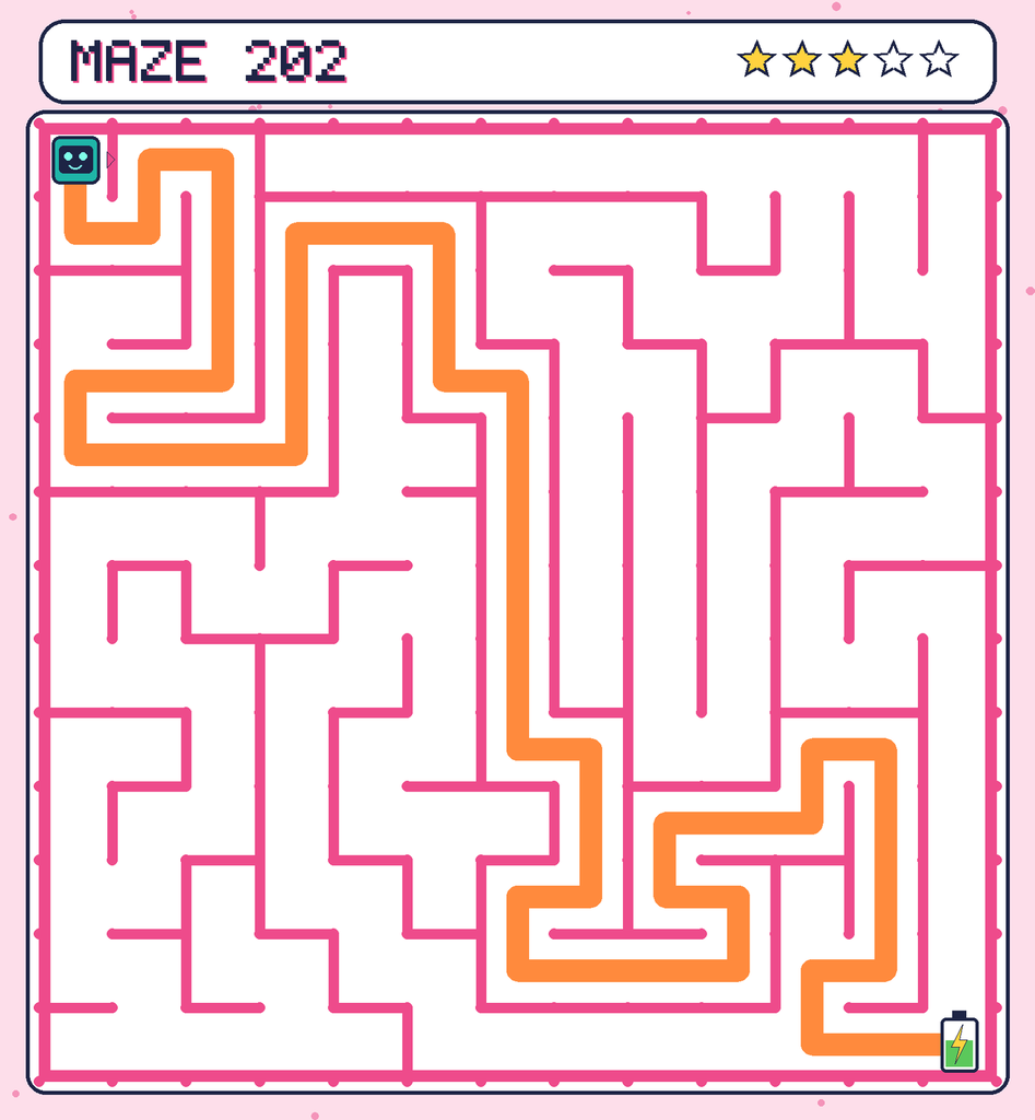 The solved maze 202 with the route drawn as an orange line.