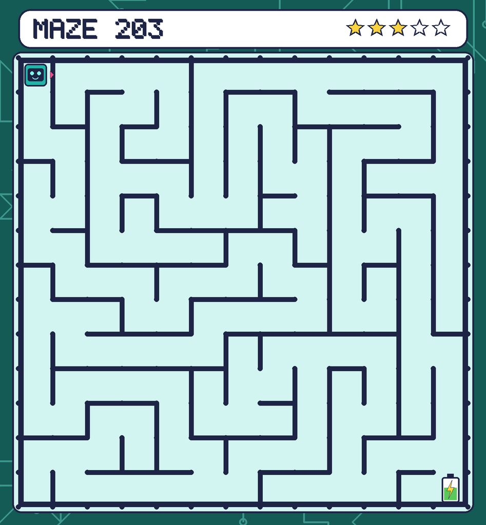 Maze 203. Beep starts in the top-left corner. The battery is in the bottom-right corner.