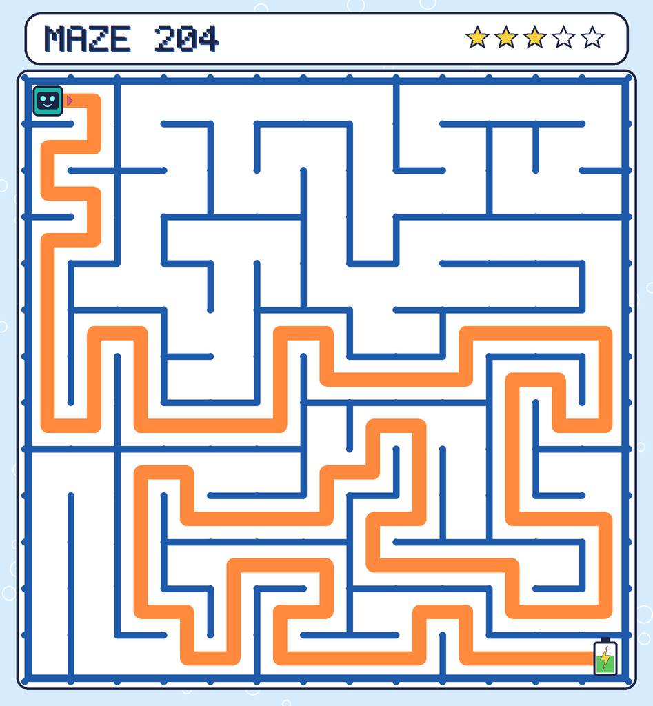 The solved maze 204 with the route drawn as an orange line.