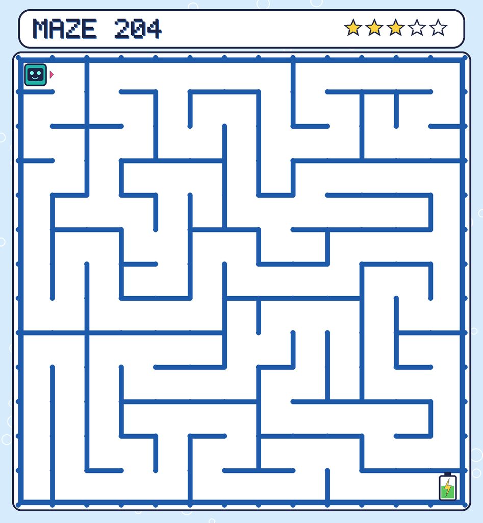 Maze 204. Beep starts in the top-left corner. The battery is in the bottom-right corner.