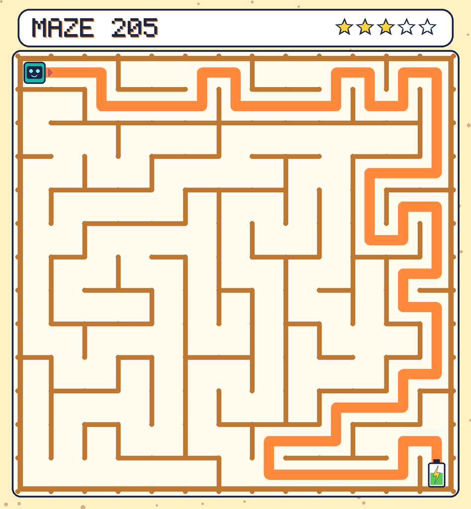 The solved maze 205 with the route drawn as an orange line.