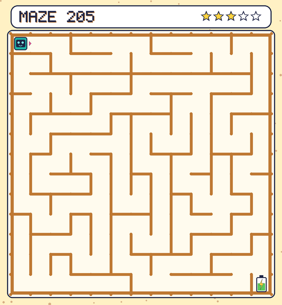 Maze 205. Beep starts in the top-left corner. The battery is in the bottom-right corner.