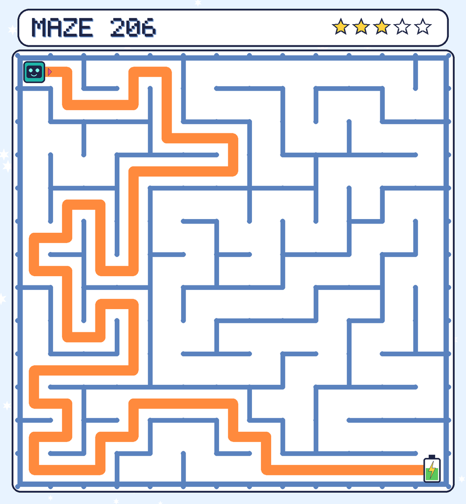 The solved maze 206 with the route drawn as an orange line.