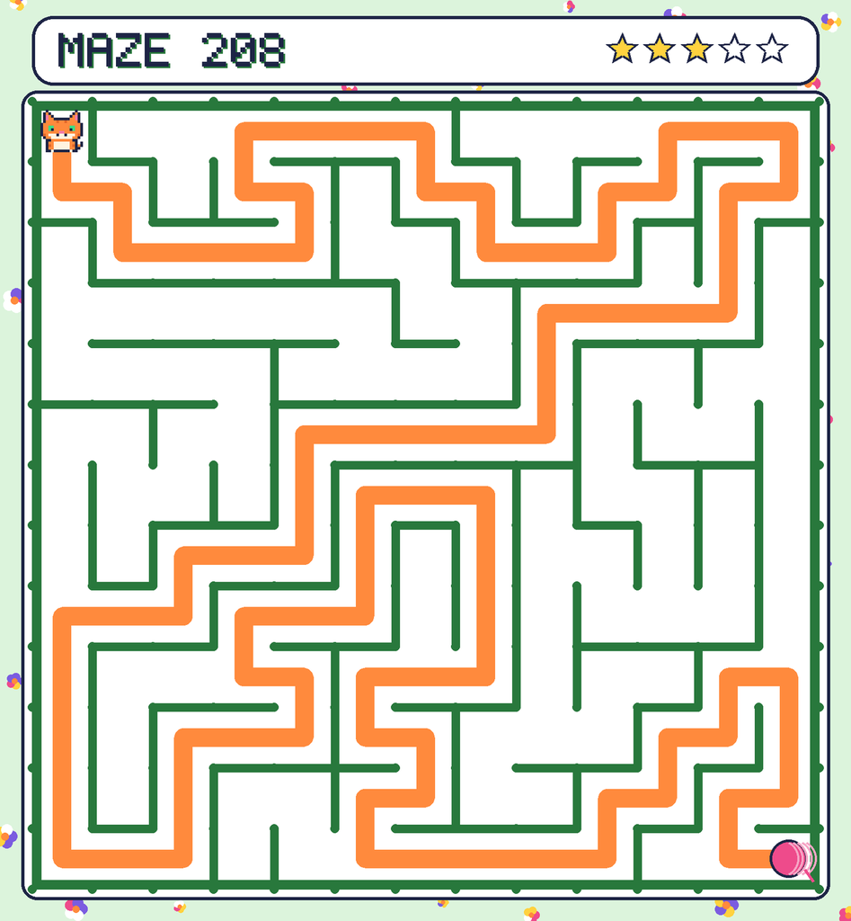 The solved maze 208 with the route drawn as an orange line.
