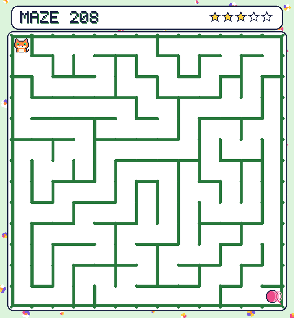 Maze 208. Pixel starts in the top-left corner. The ball of yarn is in the bottom-right corner.