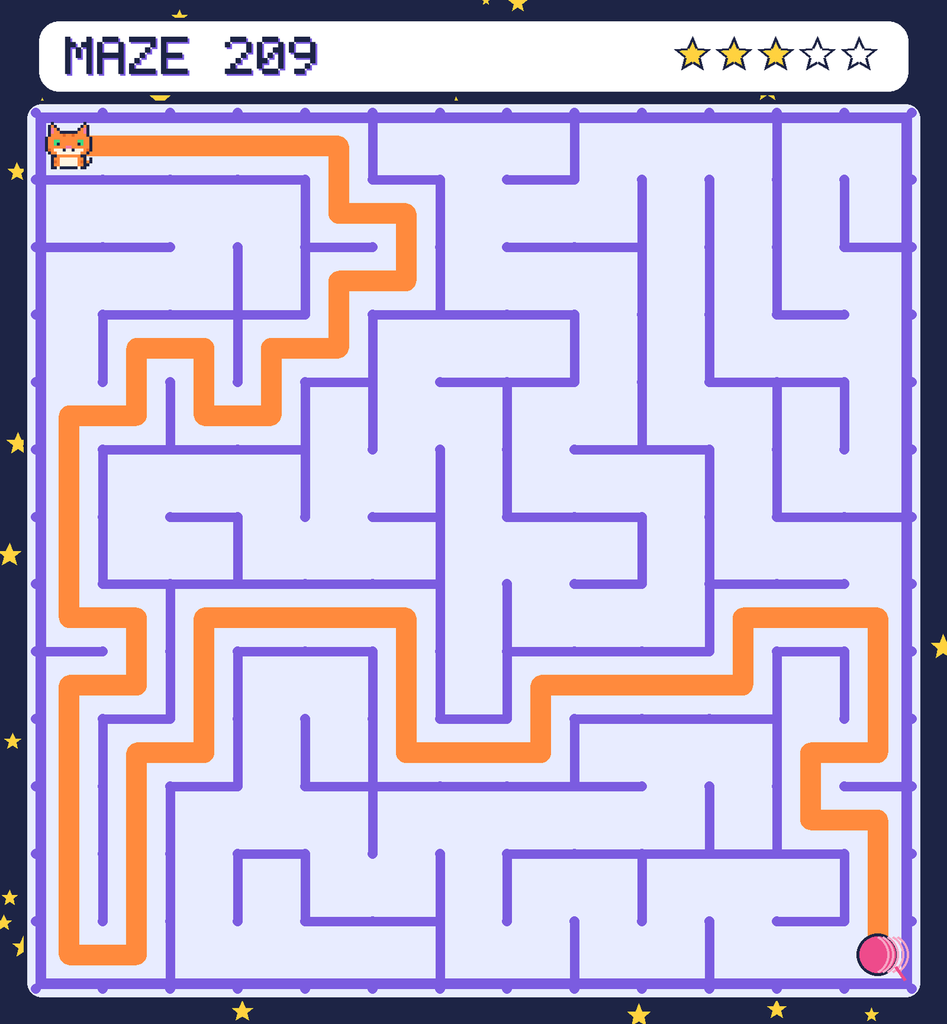 The solved maze 209 with the route drawn as an orange line.