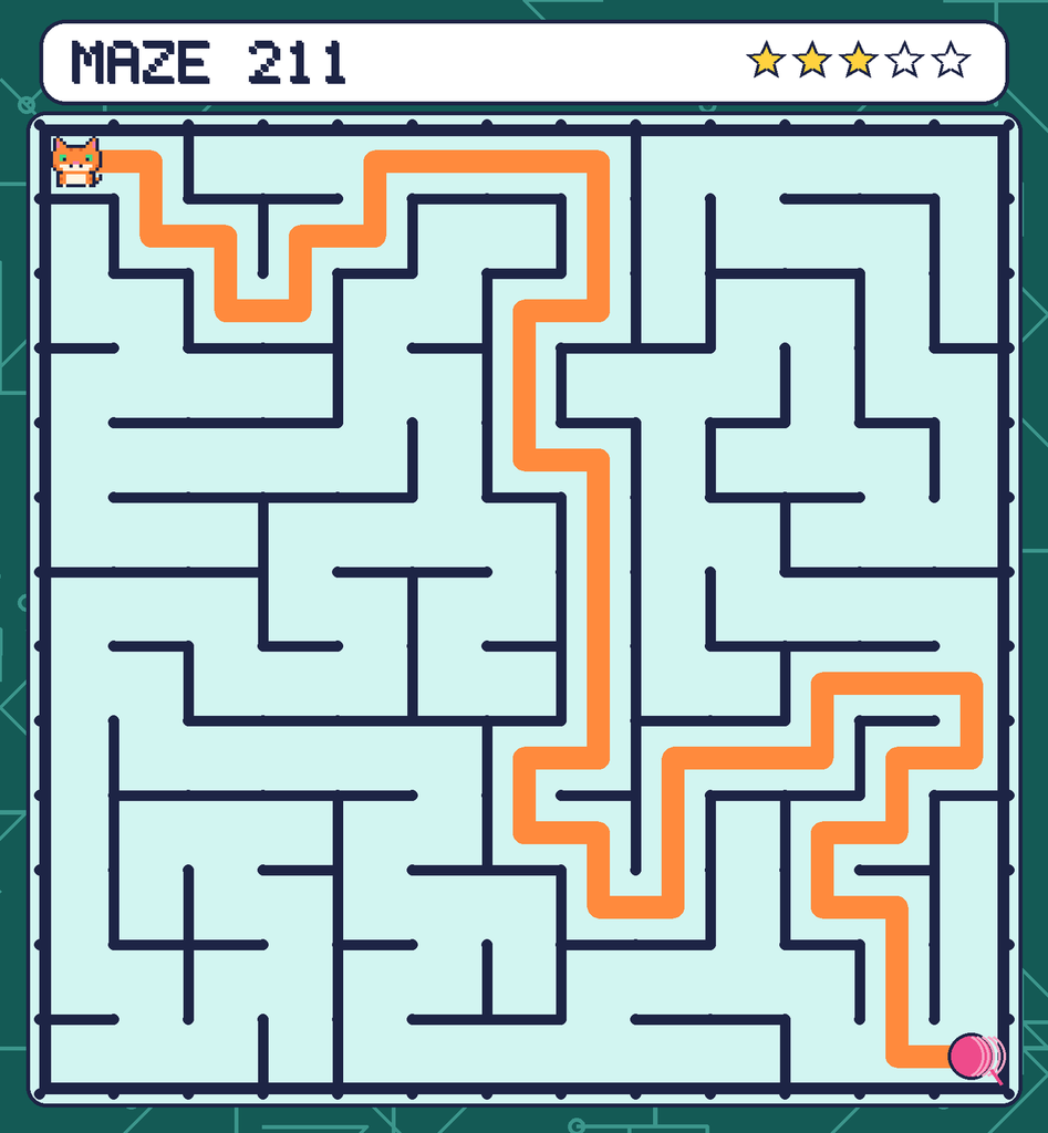 The solved maze 211 with the route drawn as an orange line.