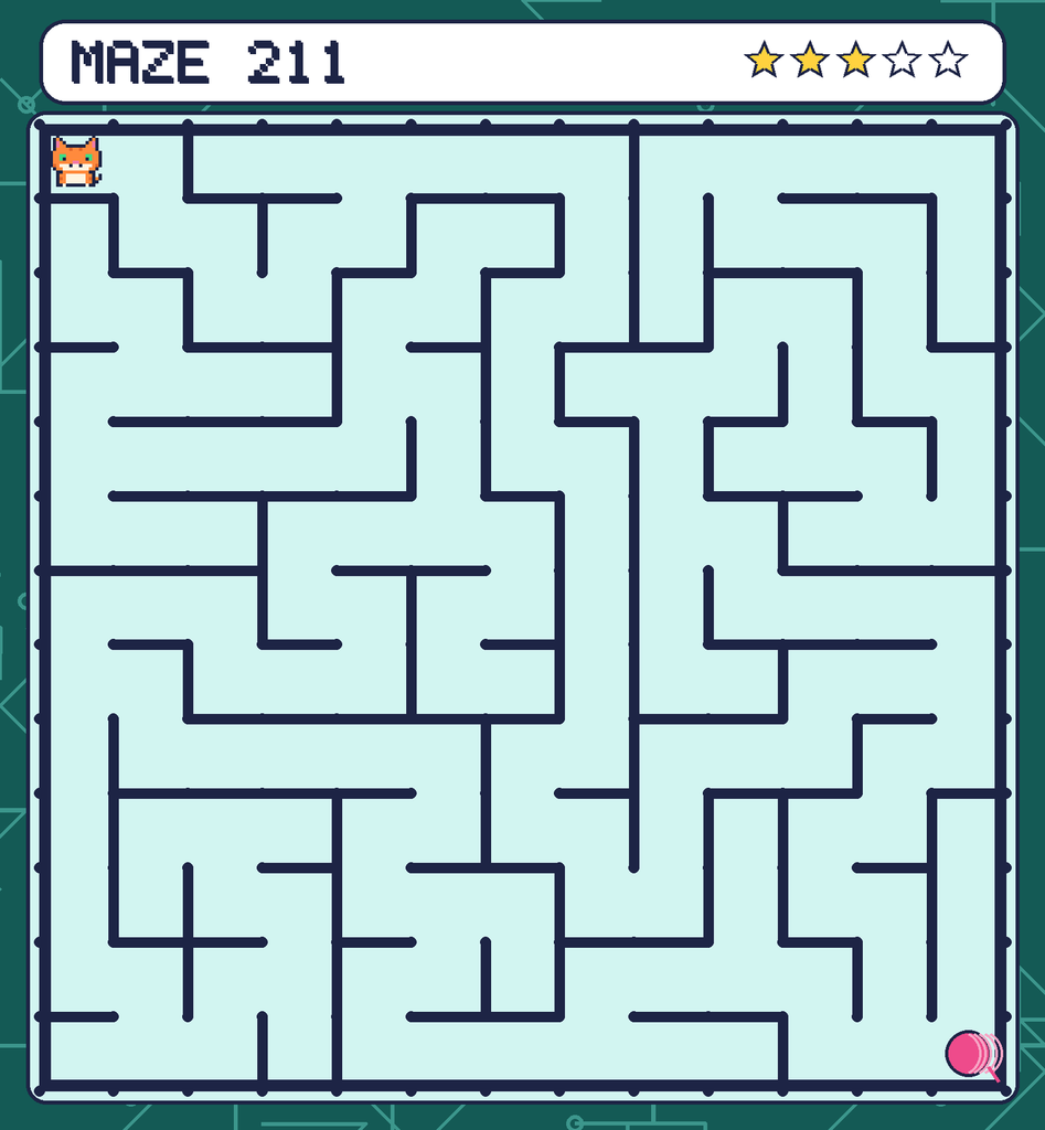 Maze 211. Pixel starts in the top-left corner. The ball of yarn is in the bottom-right corner.