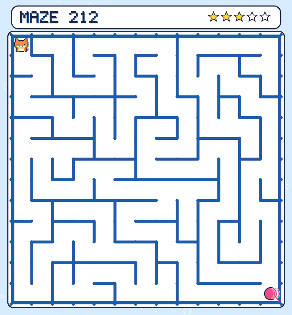 Maze 212. Pixel starts in the top-left corner. The ball of yarn is in the bottom-right corner.