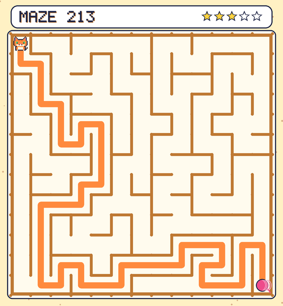 The solved maze 213 with the route drawn as an orange line.