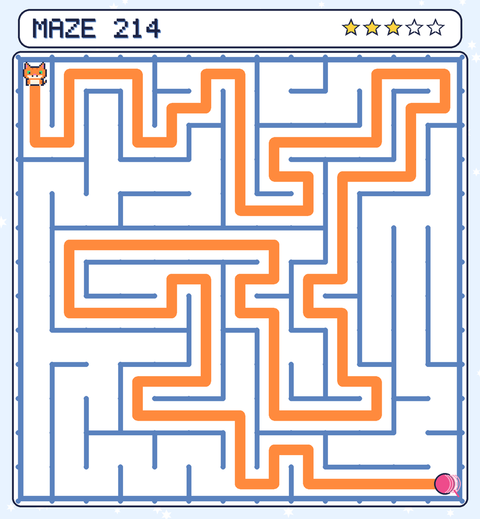 The solved maze 214 with the route drawn as an orange line.
