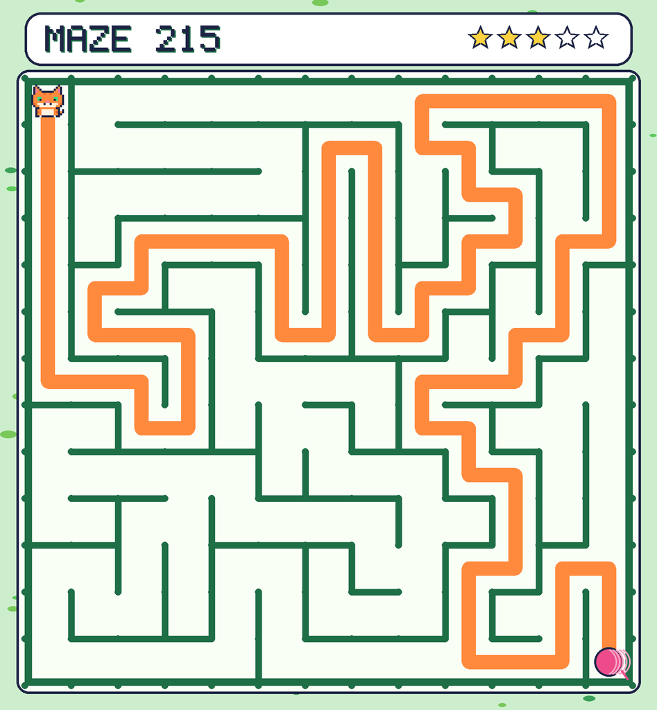 The solved maze 215 with the route drawn as an orange line.