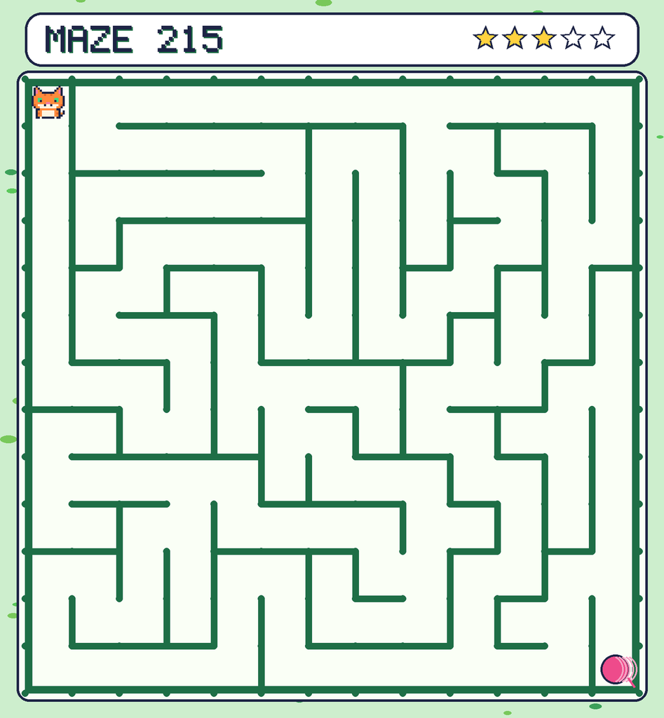 Maze 215. Pixel starts in the top-left corner. The ball of yarn is in the bottom-right corner.