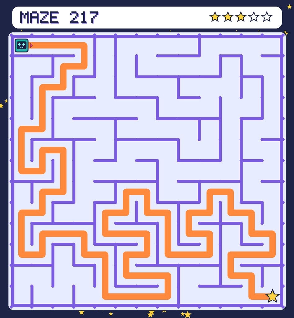 The solved maze 217 with the route drawn as an orange line.