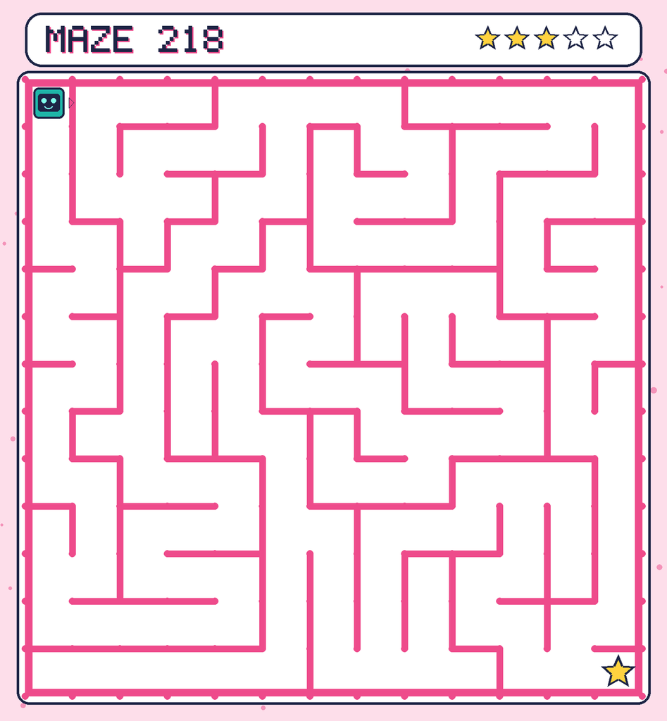 Maze 218. Beep starts in the top-left corner. The gold star is in the bottom-right corner.