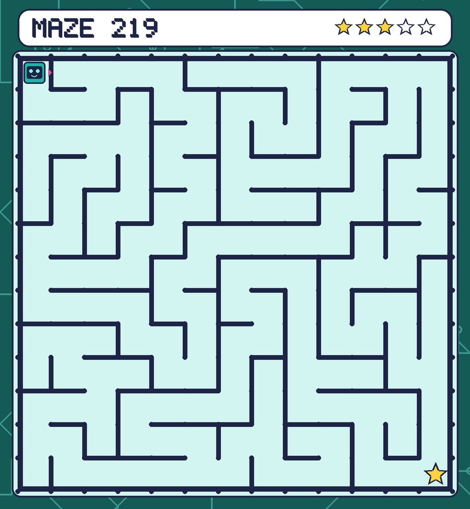Maze 219. Beep starts in the top-left corner. The gold star is in the bottom-right corner.