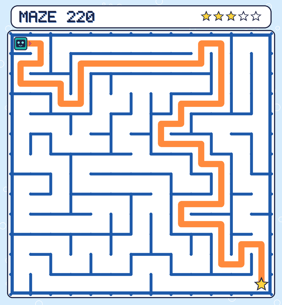 The solved maze 220 with the route drawn as an orange line.