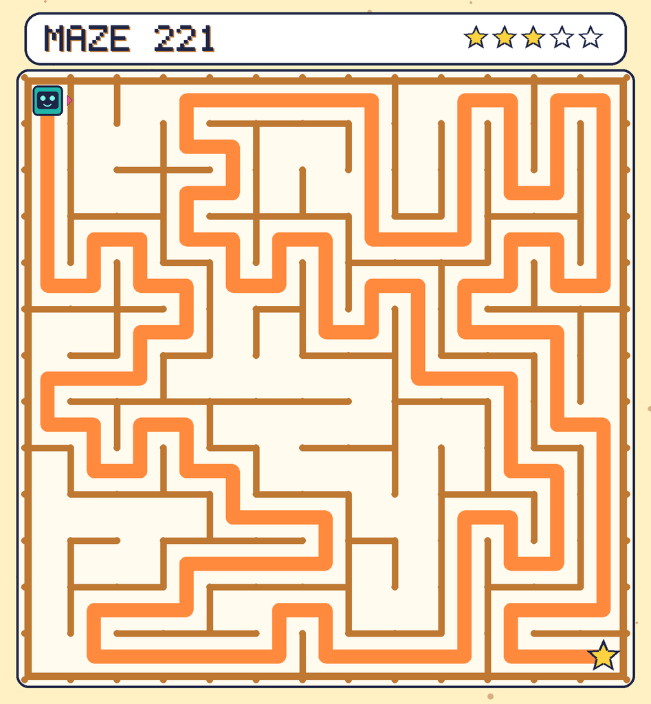 The solved maze 221 with the route drawn as an orange line.