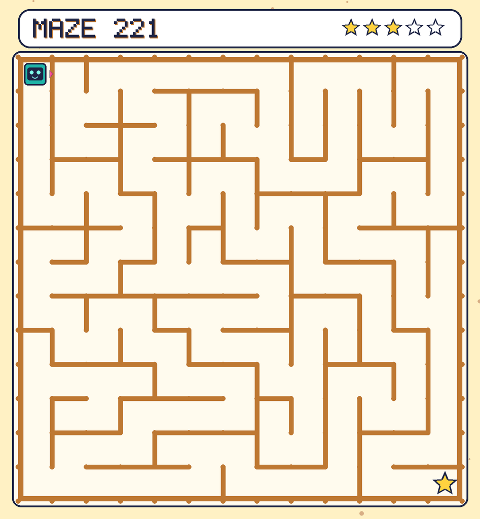 Maze 221. Beep starts in the top-left corner. The gold star is in the bottom-right corner.