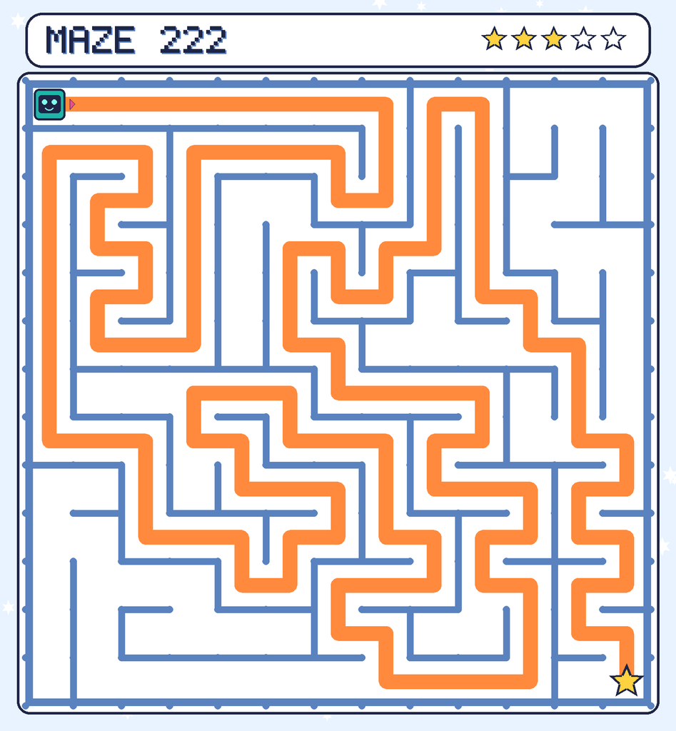 The solved maze 222 with the route drawn as an orange line.
