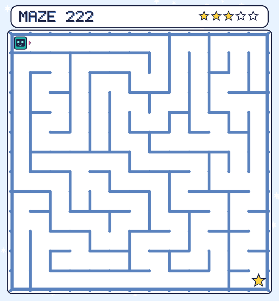 Maze 222. Beep starts in the top-left corner. The gold star is in the bottom-right corner.
