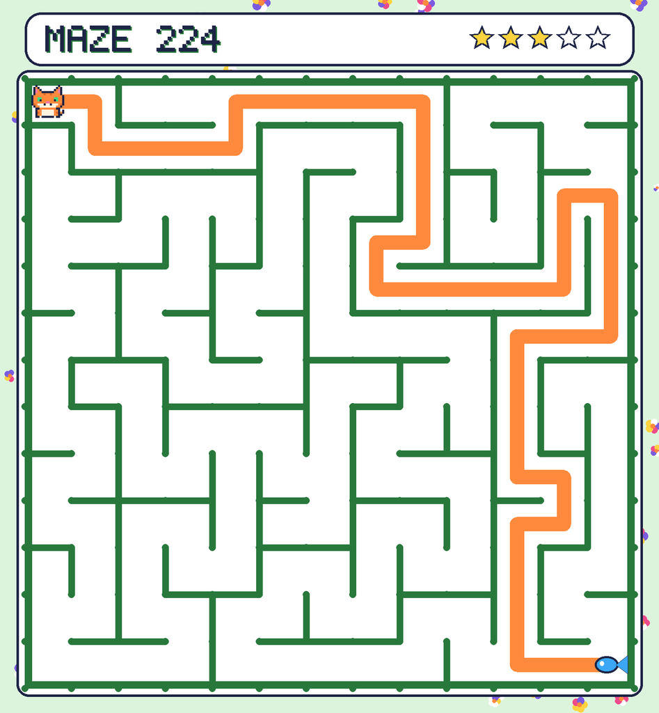 The solved maze 224 with the route drawn as an orange line.