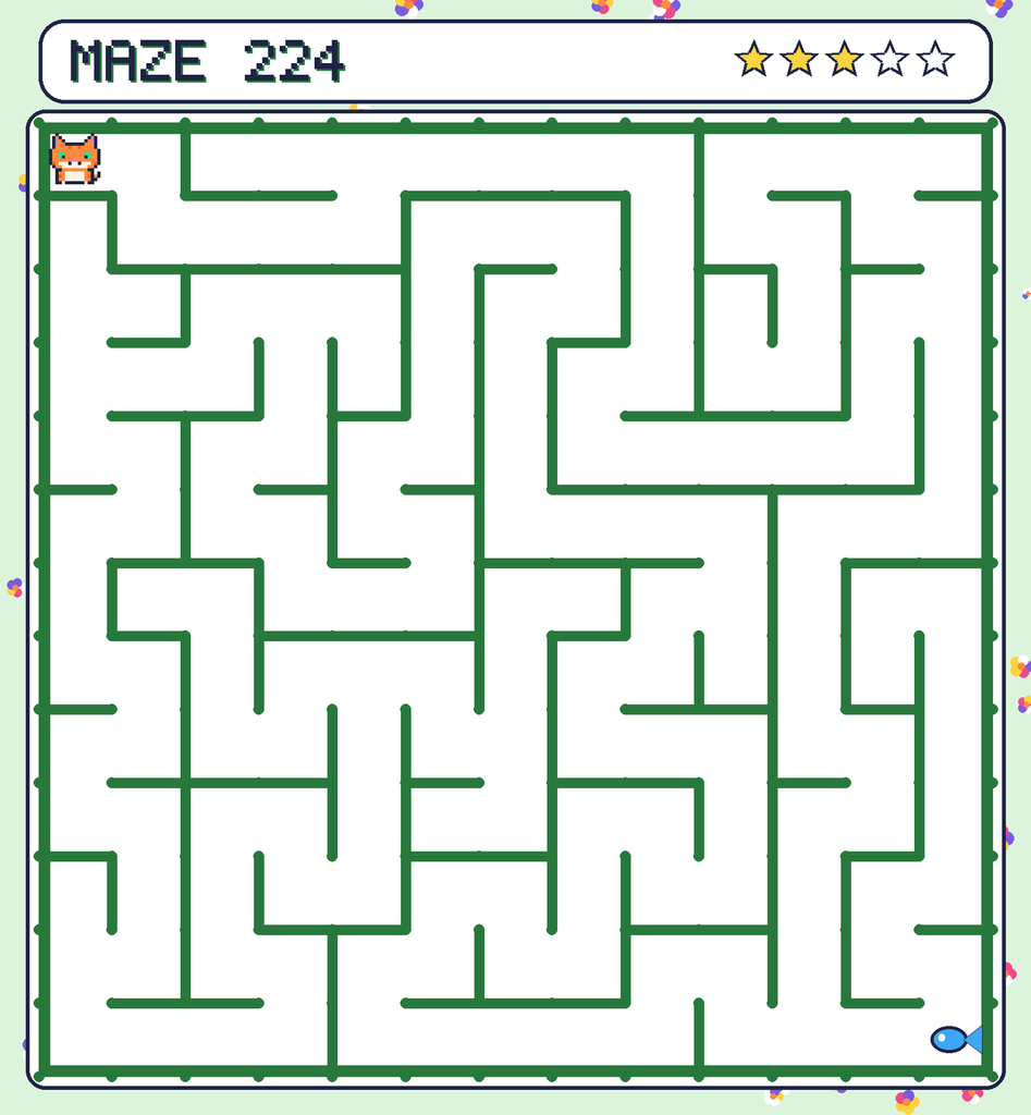 Maze 224. Pixel starts in the top-left corner. The fish is in the bottom-right corner.