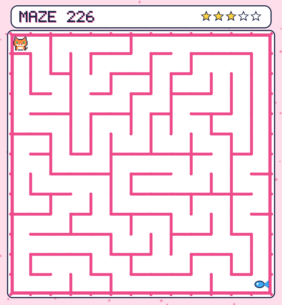 Maze 226. Pixel starts in the top-left corner. The fish is in the bottom-right corner.