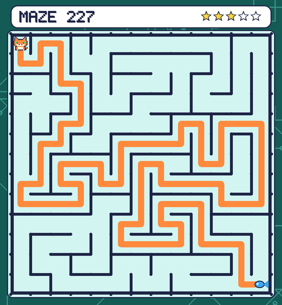 The solved maze 227 with the route drawn as an orange line.
