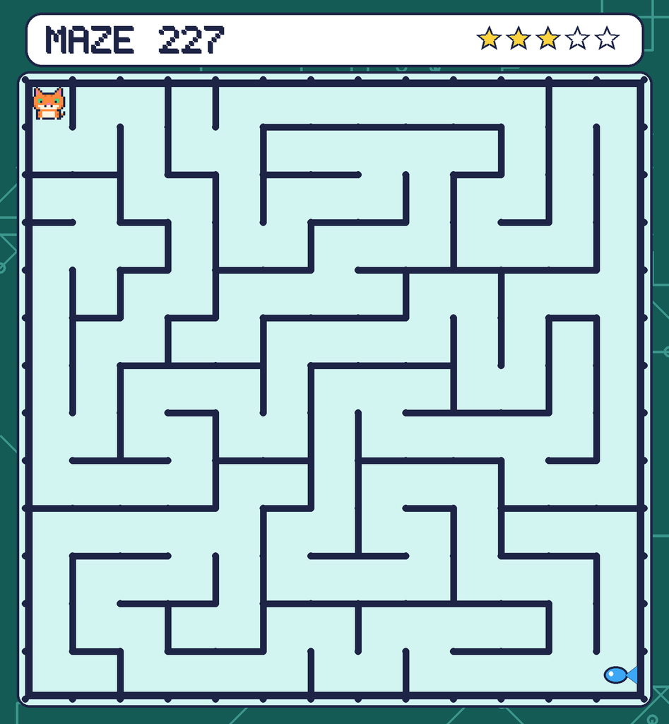 Maze 227. Pixel starts in the top-left corner. The fish is in the bottom-right corner.