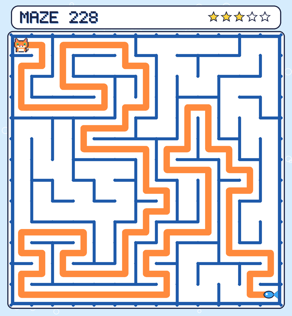 The solved maze 228 with the route drawn as an orange line.