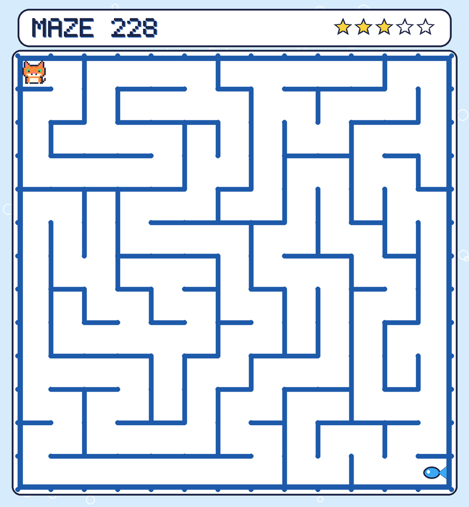 Maze 228. Pixel starts in the top-left corner. The fish is in the bottom-right corner.
