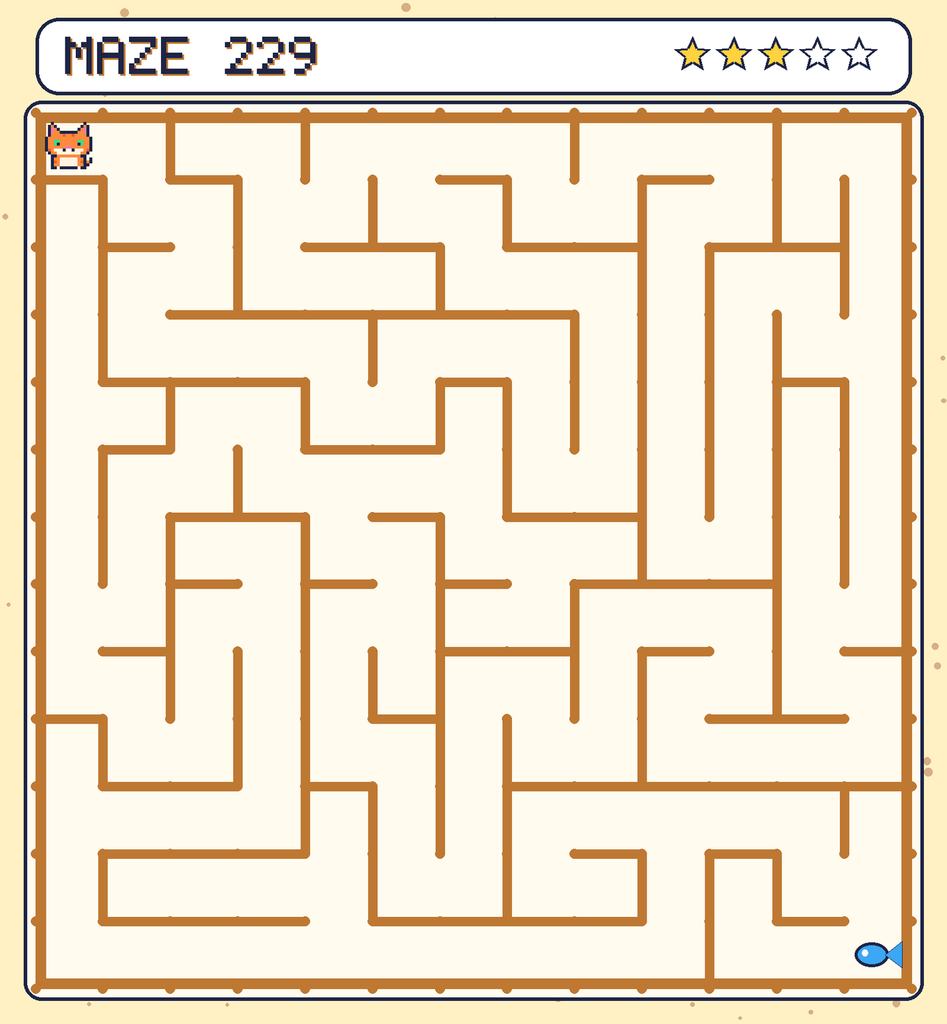 Maze 229. Pixel starts in the top-left corner. The fish is in the bottom-right corner.