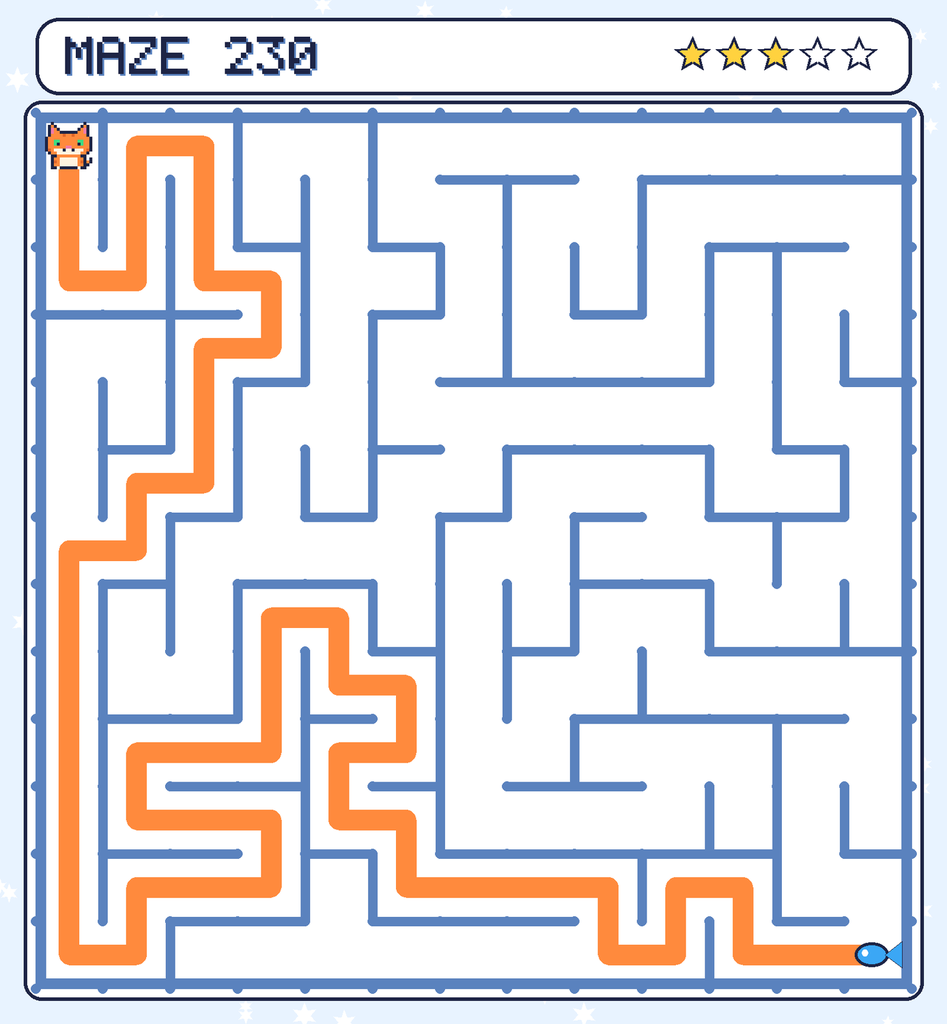 The solved maze 230 with the route drawn as an orange line.