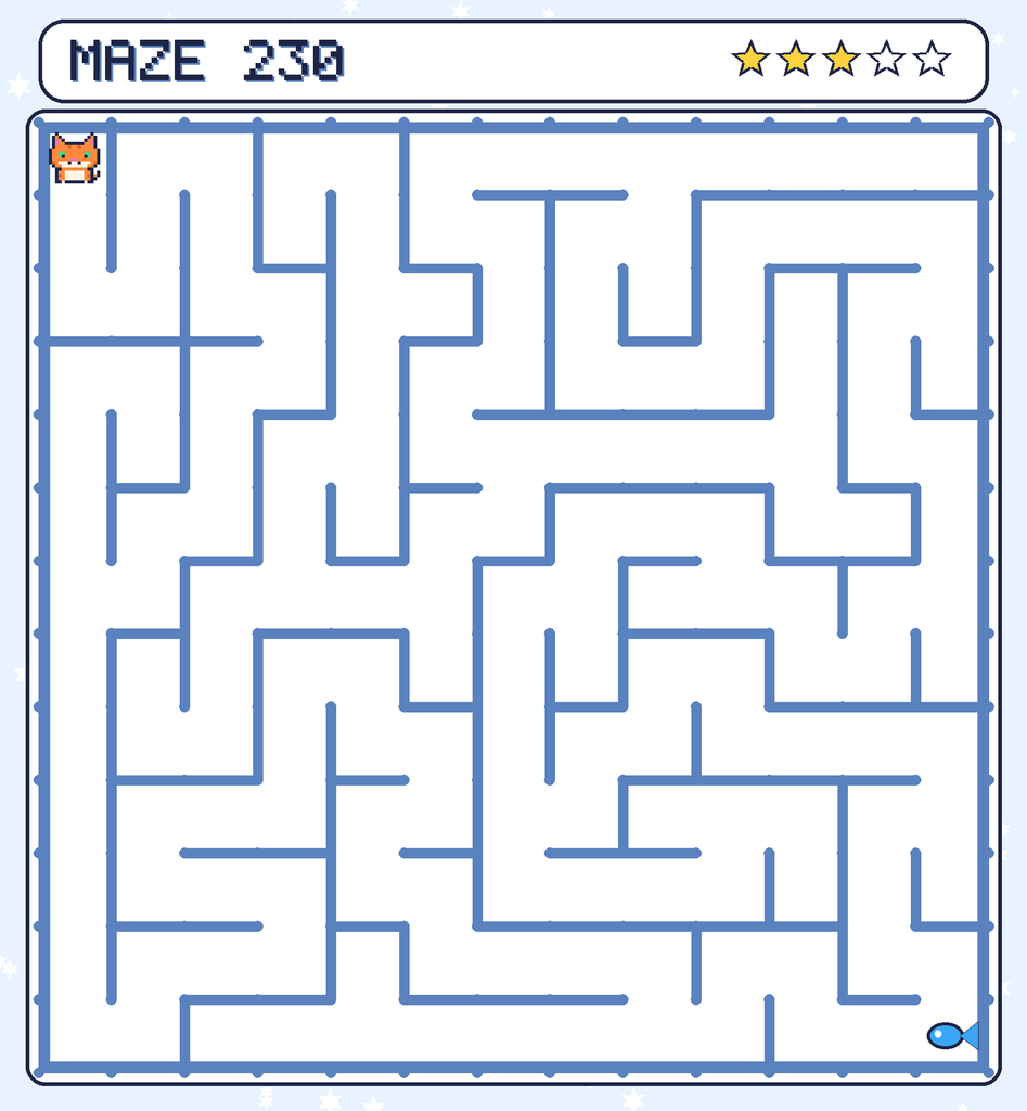 Maze 230. Pixel starts in the top-left corner. The fish is in the bottom-right corner.