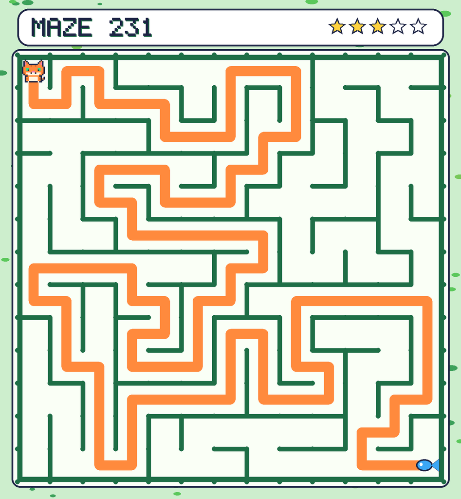 The solved maze 231 with the route drawn as an orange line.