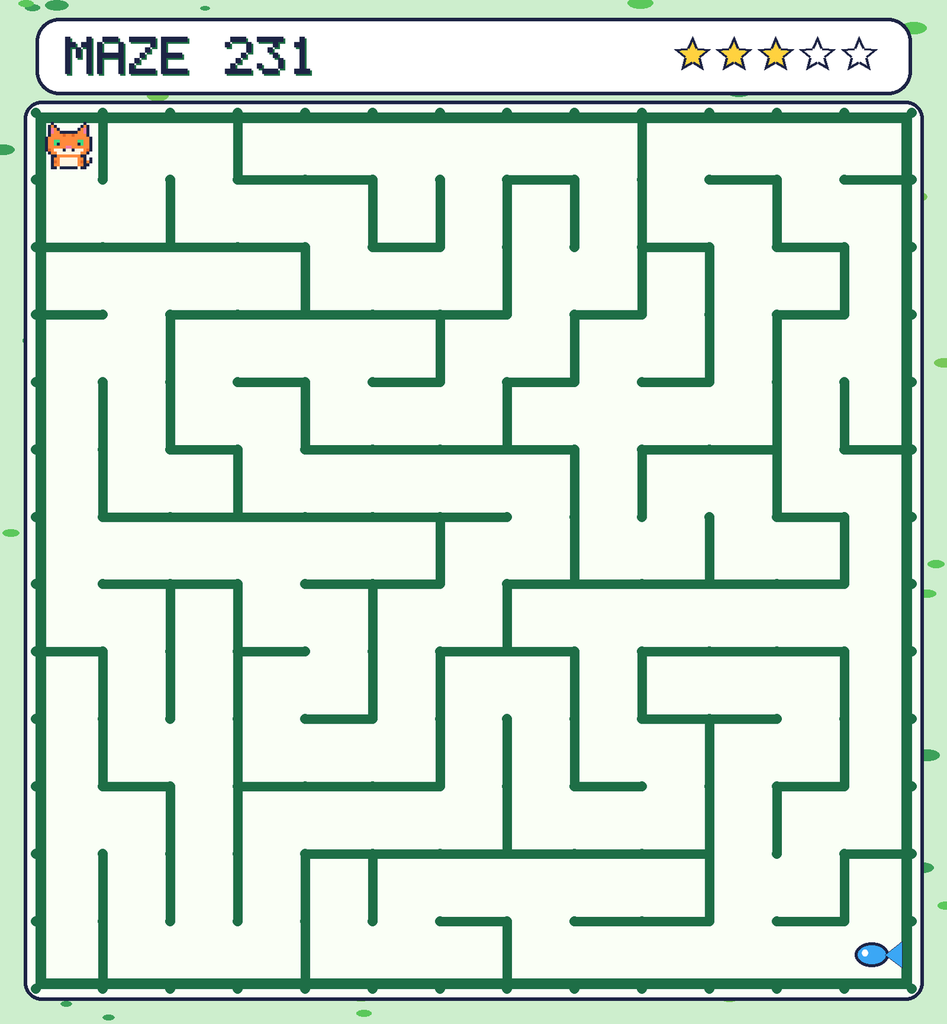 Maze 231. Pixel starts in the top-left corner. The fish is in the bottom-right corner.