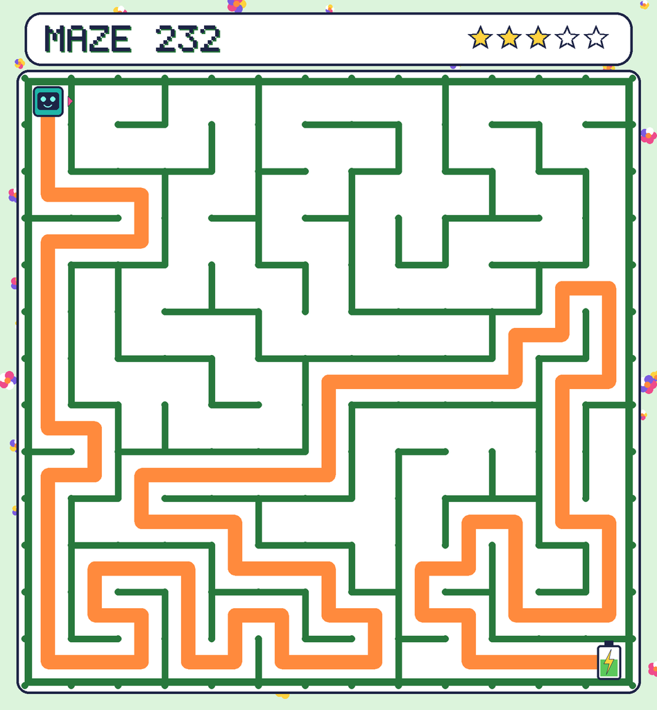 The solved maze 232 with the route drawn as an orange line.