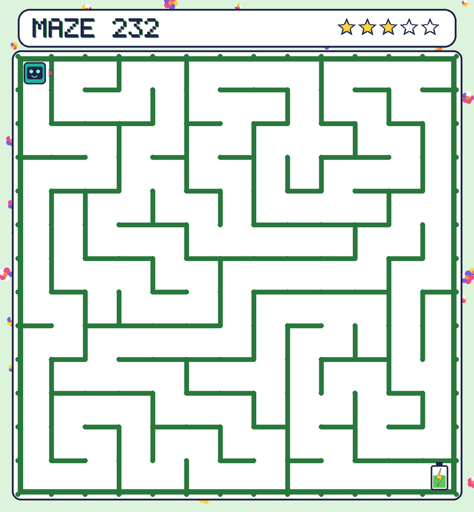 Maze 232. Beep starts in the top-left corner. The battery is in the bottom-right corner.