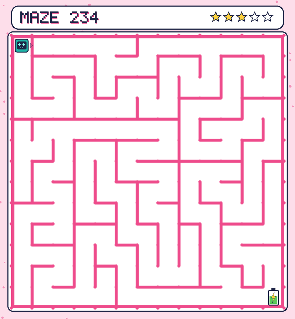 Maze 234. Beep starts in the top-left corner. The battery is in the bottom-right corner.