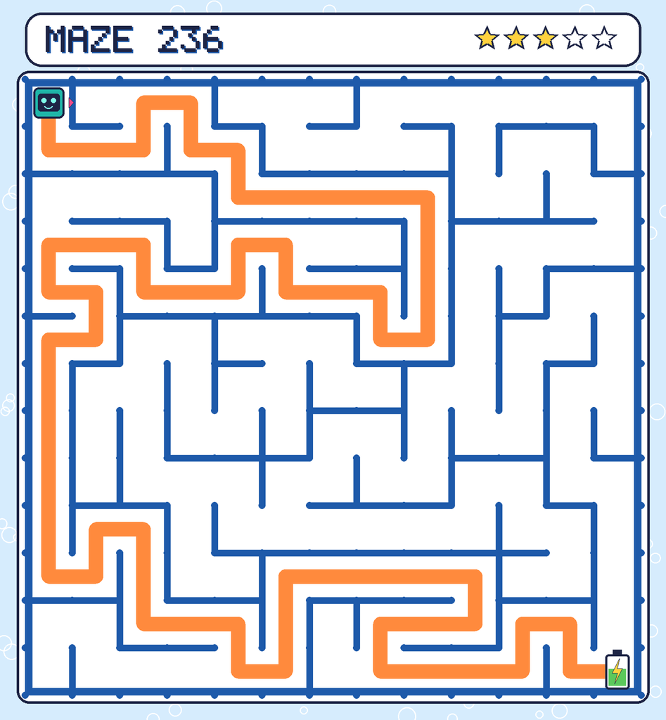 The solved maze 236 with the route drawn as an orange line.