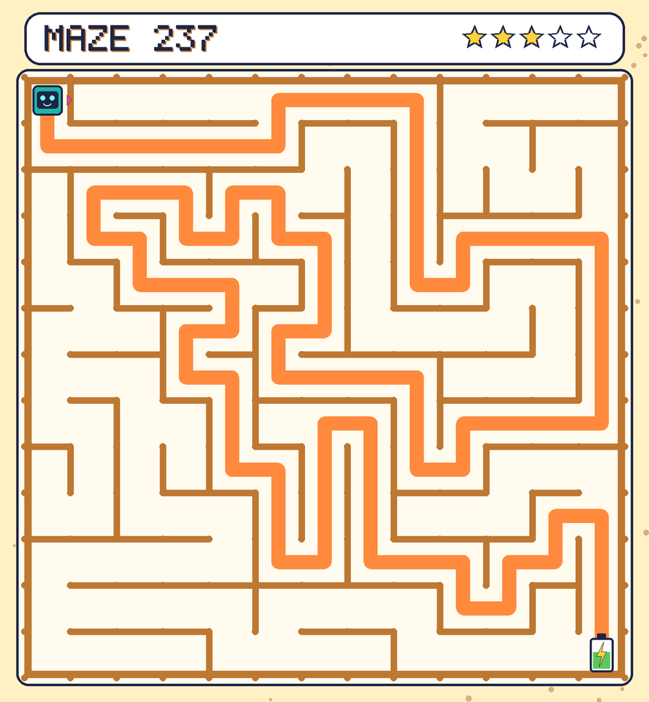 The solved maze 237 with the route drawn as an orange line.