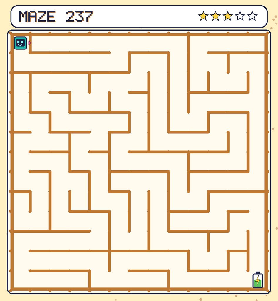 Maze 237. Beep starts in the top-left corner. The battery is in the bottom-right corner.